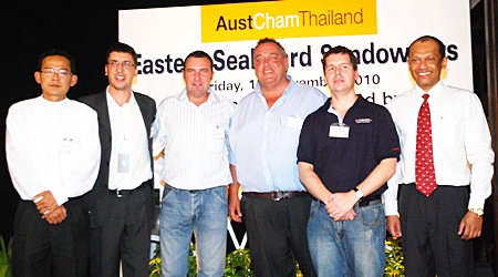 (L to R) Fr. Phakavee Sengcharoen and assistant Marco from the Camillian Social Center; Paul Wilkinson from AGS Four Winds; Kevin Fisher from Cranes and Equipment Asia; AustCham Vice President John Anderson; and Ranjith Chandrasiri, deputy general manager of the co-hosts Royal Cliff Beach Resort & Spa celebrate a successful turnout.