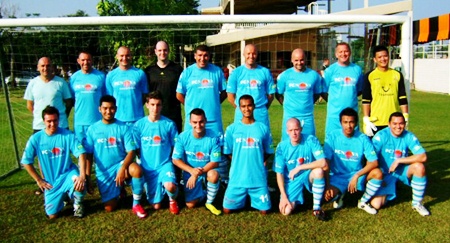 FC Nova line up prior to their match against Golden Boys in Bangkok last weekend. 