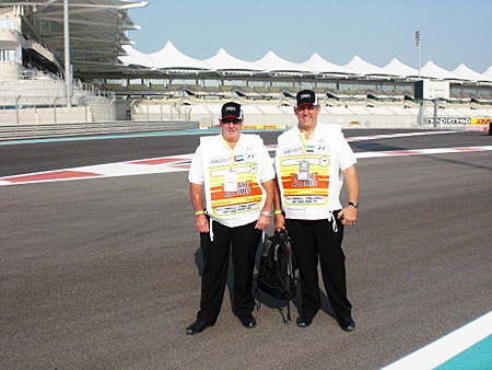 Patrick Weir and Terry Wilson, scrutineers in Abu Dhabi. 