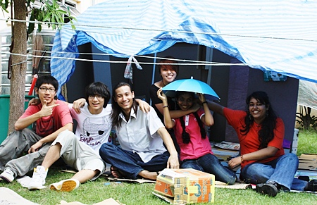 (From left): Jun (Jang Hyeon Jun), TK (Yeon Tak Kwan), Haiko (Pansri Sakda), Ellen Neel (top), Brinda Balasubramanian and Anushree Guha enjoy staying under their own newly-built shanty house.