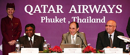 At the Qatar Airways’ press conference in Phuket addressing local, regional and international media are Chief Executive Officer Akbar Al Baker (center) flanked by Senior Vice President East Asia and South West Pacific Marwan Koleilat (right) and Country Manager Thailand, Cambodia & Myanmar Joe Rajadurai (left).