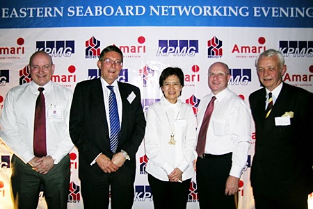 David Cumming (2nd right), GM of the Amari Orchid Pattaya, hosted a most successful BCCT networking evening at the Tavern by the Sea recently. The co-sponsors of this popular BCCT event were represented by Graham Macdonald (left), chairman of the British Chamber of Commerce Thailand; John Sim, chief operating officer of KPMG in Thailand; Richard Rome, Eastern Seaboard office branch manager; and Kaisri Neungsigkapian, chief executive officer of KPMG in Thailand. 