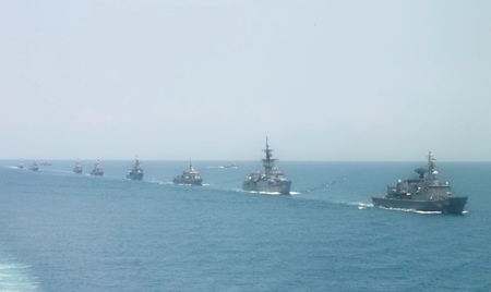 Part of Thailand’s naval fleet underway in formation during naval exercises in the Gulf of Thailand last week.
