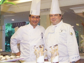 Fabrice Danniel (left), the executive master chef from Le Cordon Bleu Dusit Culinary School in Bangkok, and the Dusit’s executive chef Adrian O’Herlihy (right) create pastry masterpieces.