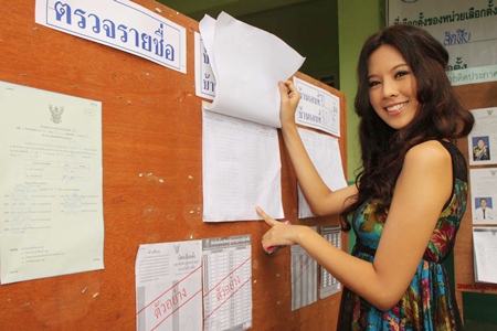 Miss Thailand Universe Chanyasorn Sakonchan poses for the paparazzi whilst voting in Plutaluang.