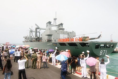 Family members wave goodbye as the Royal Thai Navy sets sail for Somalia. 