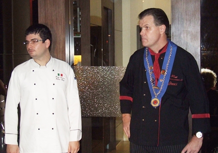 Italian Chef Rudy Casera (left) and Bruno’s owner Fredi Schaub address the gathering.