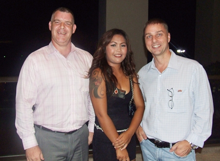 (L to R) Joe Cox, Jutharat Champawong, office manager of Defence International Security Services, and Russell Jay Darrell, managing director of Soundzgood Co., Ltd.