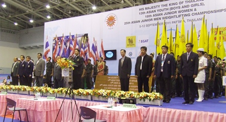 Pattaya Mayor Itthipol Kunplume presides over the opening ceremony of the International Youth Weightlifting Championships on Monday, Sept. 5 at the Pattaya Indoor Sports Arena.