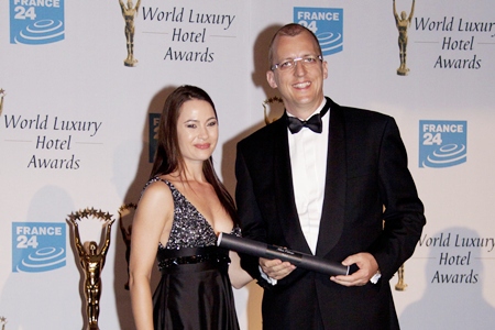 Marinique Truter (left), executive manager, World Luxury Hotel Awards and Harald Feurstein (right), general manager of Hilton Pattaya at the World Luxury Hotel Awards Gala in Zagreb, Croatia on September 16, 2011. 