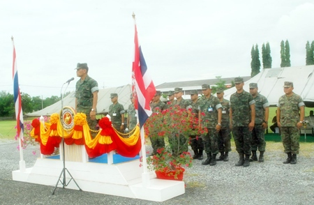 Marine Corps commander Rear Adm. Sompong Sungsuwan addresses 488 troops slated for duty in Pattani, Yala and Narathiwat. 