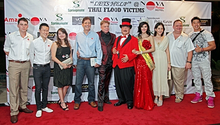 Left to right: Sascha Kunze (Hotel Manager Nova Platinum Hotel), Nophol Techaphangam (Vice MD Springmate), Nataporn Techaphangam (Sales Manager Springmate), Christopher G. Moore (Author), Sifu Mark Gerry (Martial Arts star from US), Dr. Penguin (Magician from US), Nong Sammy (Miss Intl. Queen 2011), Jayme Buher (celebrity), Michael Procher (GM Nova Platinum Hotel, Amari Nova Suites Pattaya and Nova Gold Hotel) and YUAN DRAGON 5 (Celebrity) attend the fund raising event at Nova Platinum Hotel, Friday, November 11. 