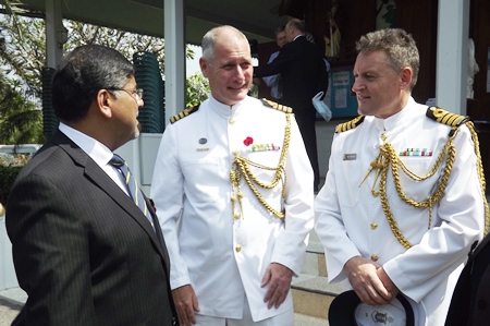 The British ambassador shares a moment with the Australian Defense Attaché Capt Jonathan Dudley and the New Zealand Defense Attaché  Brett Fotheringham.
