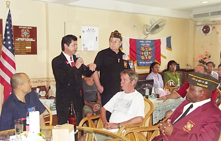 US Embassy Warden Pattaya Bobby Brooks delivers remarks during Veterans Day ceremony: (L to R) Post 9876 Post Surgeon Siamrad Maher; Warden Bobby Brooks; Post Commander Eric Larsen; Post 9876 member Willie F. Worsham.