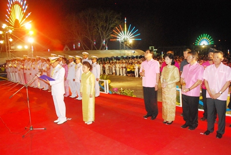 Vice Adm. Kanat Thongpool, commander of the First Naval Area Command, leads military and civilian leaders in Sattahip in paying tribute to HM the King on His Royal Birthday.