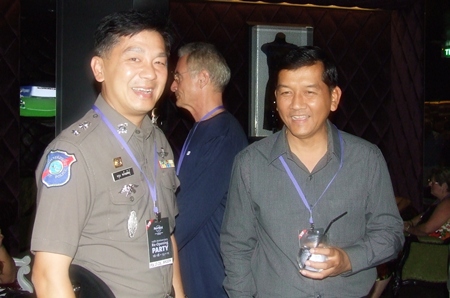 Pol. Col. Aroon Promphan Chief Inspector of the Pattaya Tourist police enjoys a laugh with Chaowalit Saeng-Uthai, head of Banglamung District.