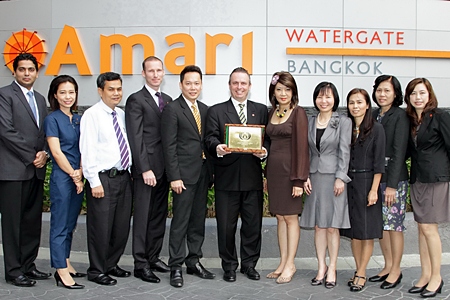 Pierre Andre Pelletier (center), GM of the Amari Watergate Hotel, Bangkok and his management team pose proudly with their ‘ASEAN Green Hotel Recognition Award 2012’ which the hotel received during the ASEAN Tourism Forum held in Manado, Indonesia recently. The awards are presented to hotels that implement eco-friendly principles in their operations. The award is a sign of appreciation and recognition of tourism stakeholders for adopting the ASEAN Green Hotel Standards into their services.