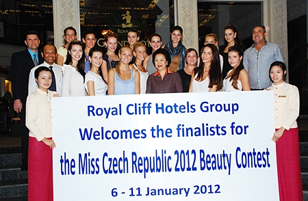 The Royal Cliff Hotels Group was chosen as the first location to host 14 finalists of the Miss Czech Republic Beauty Contest 2012 during their Tourism Authority of Thailand sponsored 2-week tour around Thailand recently. Panga Vathanakul (centre), MD of the Royal Cliff Hotels Group, Joachim Grill (left), general manager and Ranjith Chandrasiri (2nd left), deputy general manager were on hand to afford them a personal welcome.