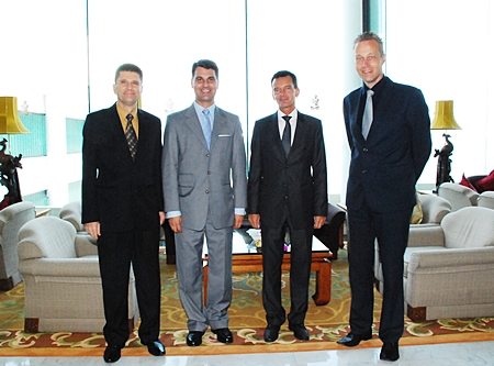 Royal Cliff Hotels Group welcomed H.E. Dr. Johannes Peterlik (2nd left), Ambassador of Austria to Thailand and Rudolf Hofer (2nd left), Honorary Consul of the Austrian Embassy in Pattaya on their visit to the resort recently. On hand to welcome them were Royal Cliff General Manager Joachim Grill and Royal Wing Suites & Spa General Manager Klaus Bodo Hund (right).