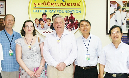 The Father Ray Foundation recently welcomed visitors from the Thai Children’s Trust who were making their annual visit to Thailand. The London based Trust is the UK’s largest charitable organisation supporting projects in Thailand. Andrew Scadding (center), CEO and Adele Kierens (second left), fundraiser at the Trust were welcomed by Brother Denis Gervais (left), Father Peter (second right) and Father Michael Picharn (right) of the Father Ray Foundation.