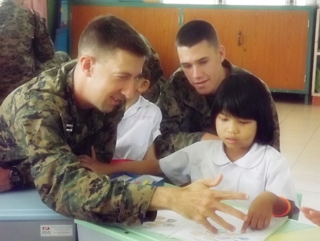 US Marines learn to use sign language with the deaf children.
