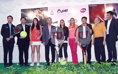 Tennis stars, sponsors and dignitaries attend the press conference for the 2012 PTT Pattaya Open held at the Dusit Thani Pattaya, Sunday, Feb. 5.
