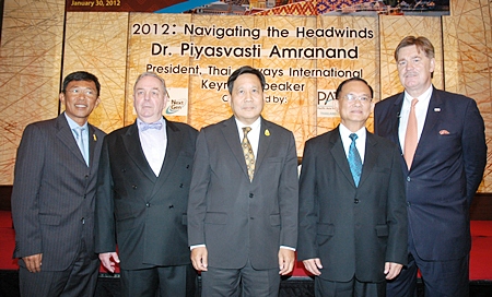 (L to R) Pandit Chanapai, THAI commercial executive vice president; Bert Van Walbeek, PATA Thailand Chapter; Piyasvasti Amranand, THAI president; Suraphon Svestasreni, governor of the Tourism Authority of Thailand; and Martin Craigs, PATA CEO. 