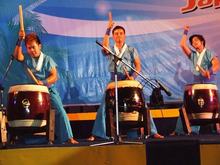 Performers give a rousing rendition on Japanese war drums.