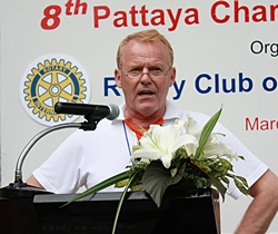 President Gudmund Eiksund makes his report to the swimmers and guests, before declaring the commencement of Rotary Charity Cross Bay Swim 2012.