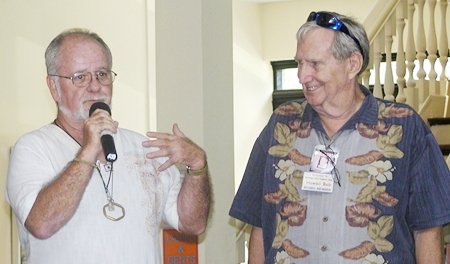 Member Jerry tells PCEC members of the activities of the Pattaya Friends of Youth, whose aim is to enrich the lives of many of Pattaya’s less fortunate children. Fishing trips and shopping trips (for Christmas) are some of the recent activities. Board Member Hawaii Bob looks on.