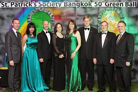 Shane Stephens (3rd right), Deputy Head of Mission, Embassy of Ireland and Steven Chandler (3rd left) Deputy Head of Mission, British Embassy recently were the guests of honour at the St. Patrick’s Society Bangkok 50th Anniversary Green Ball held at the Amari Watergate Bangkok. The event, attended by more than 300 guests, was organized by the St. Patrick’s Society Bangkok headed by President Gail Wright (4th right). Other guests included Tristan de La Porte du Theil, Nadia Hadi, Maeve Stephens, Gerry Wright and Pierre-Andre Pelletier, the hotel’s General Manager.