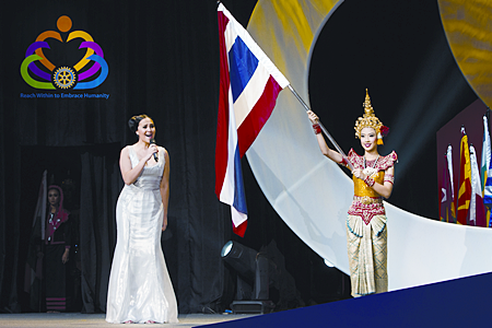 Tata Young performs the National Anthem of Thailand at the opening plenary session during the RI Convention, May 6, in Bangkok.  Thailand hosted over 35,000 Rotarians from across the world in what is sometimes described as a “mini United Nations” because of its internationality and multiculturalism.