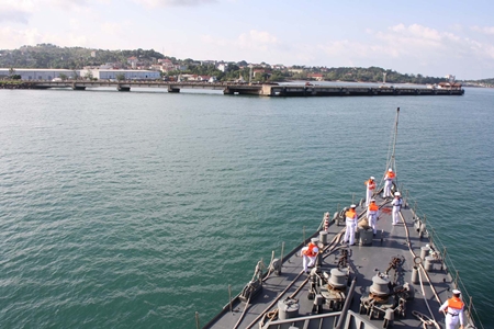 The HTMS Narathiwat pulls into Sihanoukville Port on a friendship call to Cambodia.