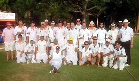 The Pattaya Cricket Club and British Club of Bangkok players pose for a group photo prior to last weekend’s match. 