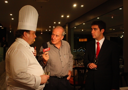 (L to R) PMTV’s Dr. Iain Corness interviews Executive Chef Adrian W. O'Herlihy (left) and Diego Garcia (right) from Santa Carolina wines.
