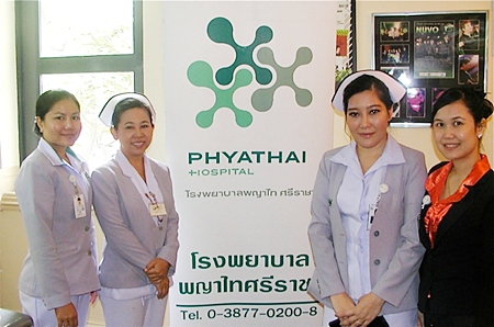 Staff and nurses of Phyathai Sriracha Hospital, from left Bussaman, Manee, Wanvisa and Anna also attended the meeting, providing free blood pressure checks to PCEC’s grateful members.