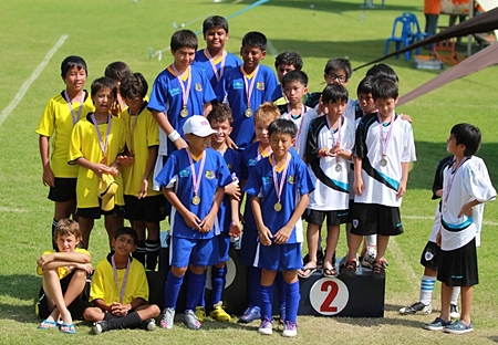 Year 6 boys win the Gold medal for football (top middle) Karan, (left) Azim, Aakhel, Oliver, Yury, and Simon (front right) and Sang Hyun.