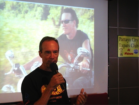 Lewis (Woody) Underwood, chairman of the Jesters Care for Kids Charity Drive, shares with PCEC members the origins of Jesters, from ‘a bunch of Harley owners helping needy kids’, growing now to be a, if not the, major player in charities in Chonburi and Rayong.