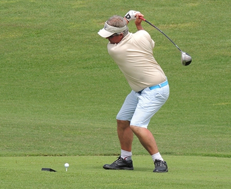 Peter Rooke with his first hit of the day at Black Mountain.