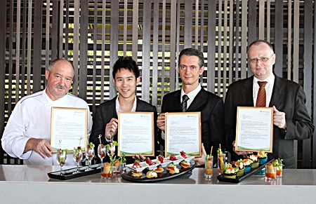 Four of the Royal Cliff Hotels Group’s 11 restaurants recently received top honors from Trip Advisor. Proudly showing off their awards are (l-r) Executive Chef Walter Thenisch, Executive Director Vitanart Vathanakul, General Manager Christoph Voegeli and Senior Food & Beverage Director Max Josef Huber.