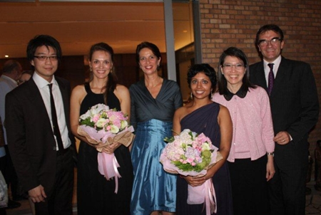 Swiss ambassador, Christine Schraner-Burgener (3rd left), poses with the two artists and other guests at the conclusion of the concert on Sept. 21 in Bangkok. 