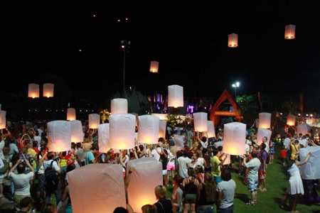 Many khomloys are lit at Nong Nooch Tropical Gardens, ready for release.