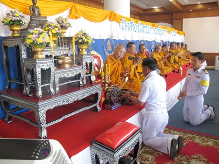 Monks perform religious ceremonies as top navy officials mark the Royal Thai Fleet’s 89th Founder’s Day. 