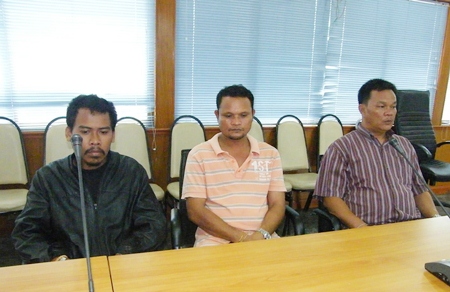 (L to R) Pramak Maokramol, Somkid Woenkrathok and Sompoj Sukantapurk were brought in for questioning about their involvement in the drowning death of Patrick Lawrence Malloy. 