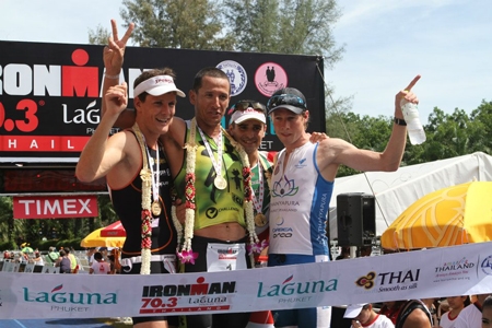 A testimony to Thanyapura's dedication to excellence: Tim Meyer (far right) stands proudly on the podium having secured a third place position at the Phuket Ironman 70.3 Triathlon.