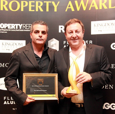 Project partners Kobi Elbaz, CEO of the Tulip Group (left) and Rony Fineman, President of the Nova Group (right) pose with their ‘Best Condo Eastern Seaboard’ award for The Cliff condominium at the Thailand Property Awards Gala presentation ceremony in Bangkok, October 2012. 