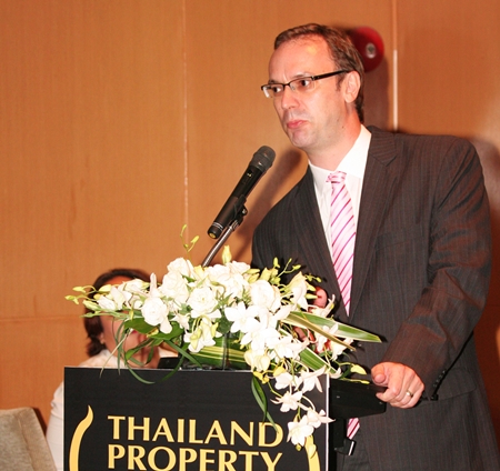 Terry Blackburn, CEO of Ensign Media Ltd., addresses the media at the launch of the 2013 Thailand Property Awards.