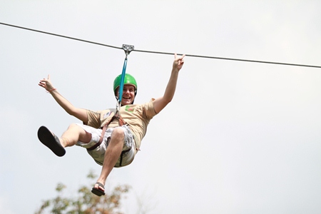 Flying high on a zipline.