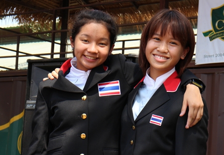 Lily-Mae Toon (left) with another rider from Thailand.
