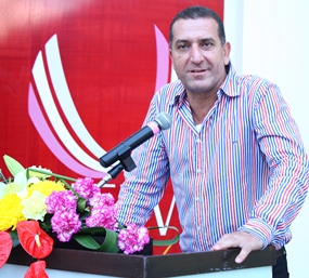 Miki Haim, Managing Director of Matrix Development, welcomes guests to the opening of The View condominium, Tuesday, March 19, 2013.